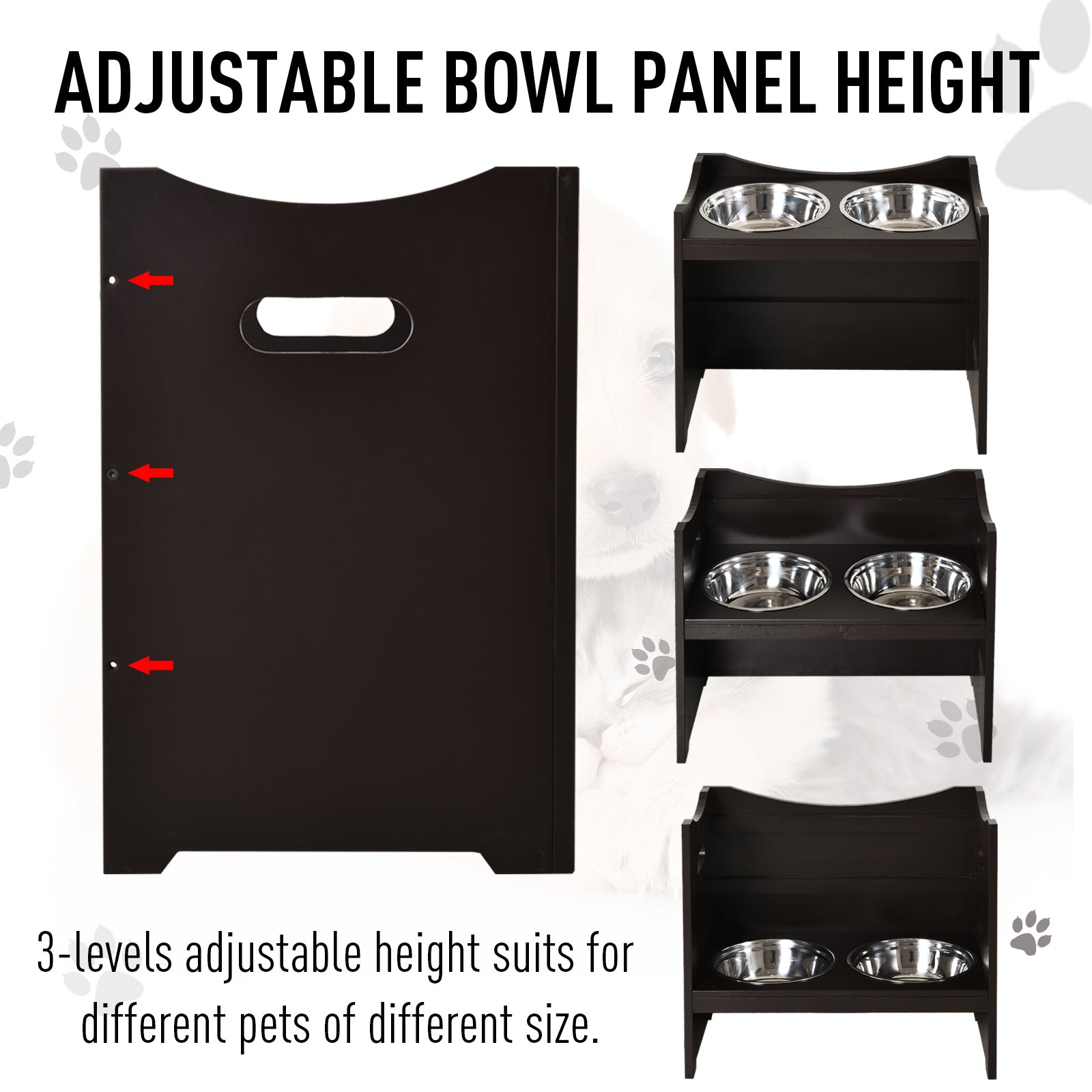 Raised Pet Food Elevated Feeder with 2 Stainless Steel Bowls, 3 Levels Adjustable Height Levels, and Wood Finish